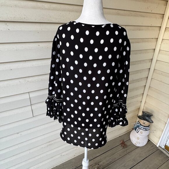 Max Studio Black Blouse White Polka Dots Ruffle 3/4 Sleeves Women Size XL Sheer - Picture 3 of 12